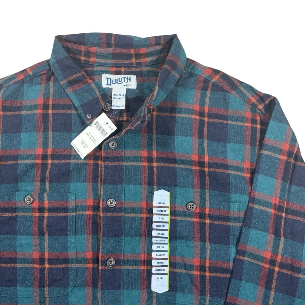 NWT Duluth Trading Co Mens Free Swingin Flannel Shirt 2XL Tall Plaid Teal Orange